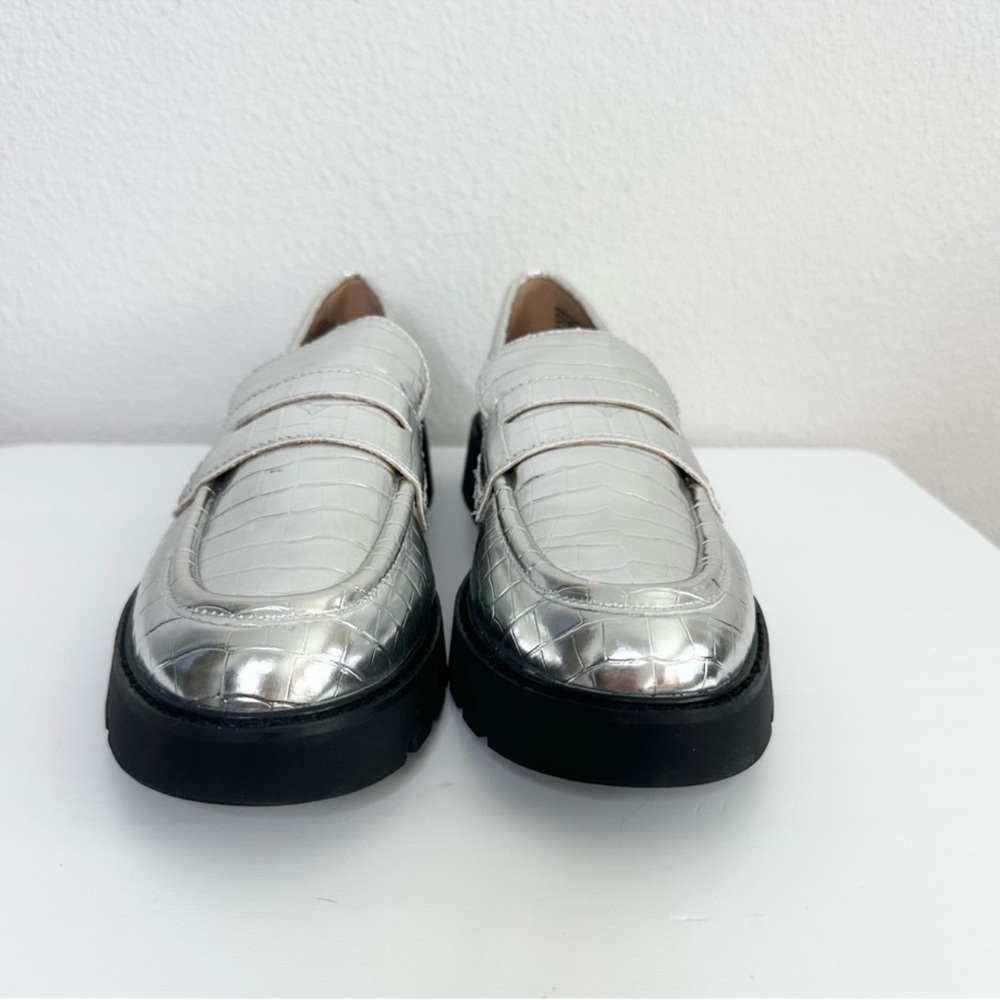 J Crew Winona Lug Sole Platform Silver Croc Embossed Loafers Metallic $228 - Picture 4 of 5